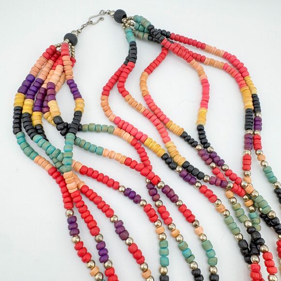 Vintage Multicolor Wood Bead Necklace – Layered Tribal Boho Statement Bright - Picture 6 of 8